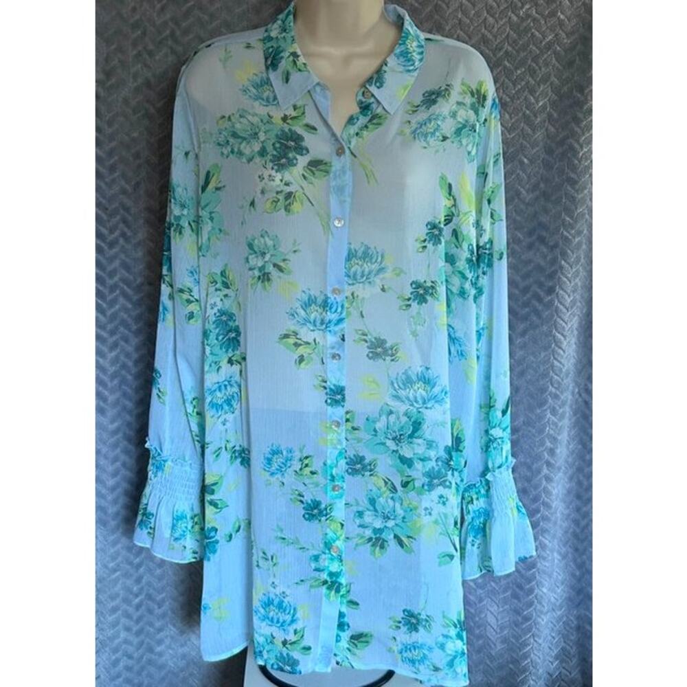 Susan Graver Semi Sheer Sky Blue Blouse with Floral Print Colorful Casual Shore